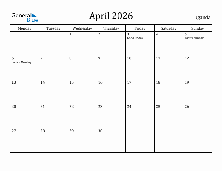 April 2026 Calendar Uganda