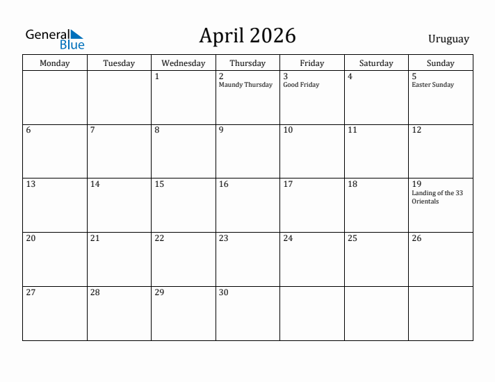 April 2026 Calendar Uruguay