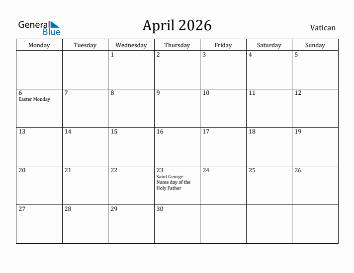 April 2026 Calendar Vatican