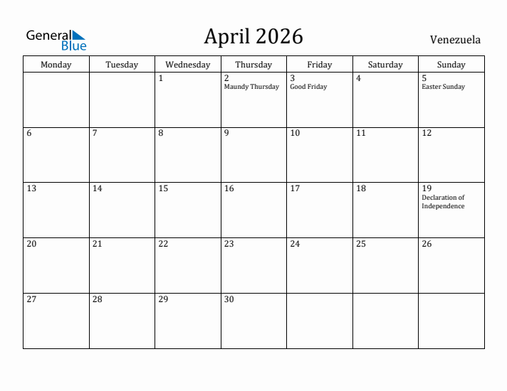 April 2026 Calendar Venezuela