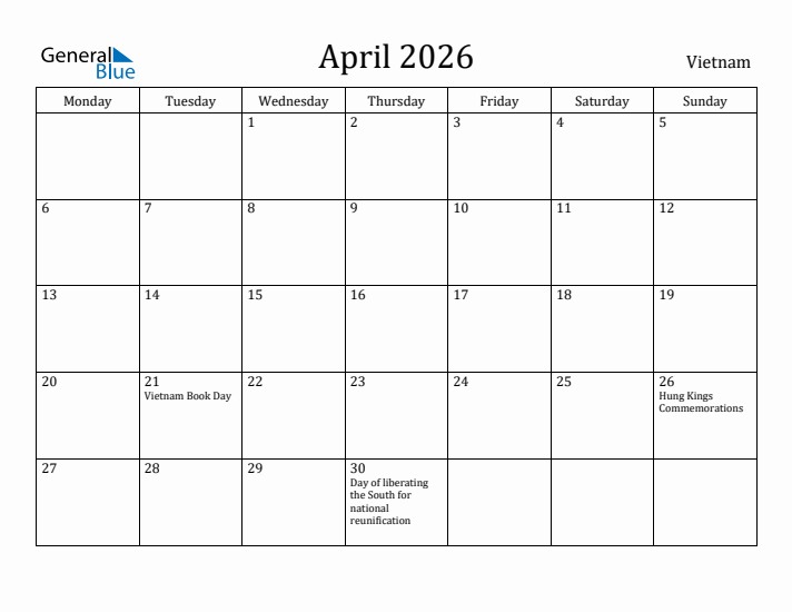 April 2026 Calendar Vietnam