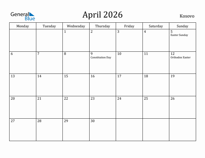April 2026 Calendar Kosovo