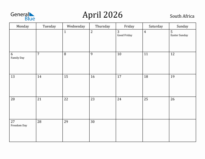 April 2026 Calendar South Africa