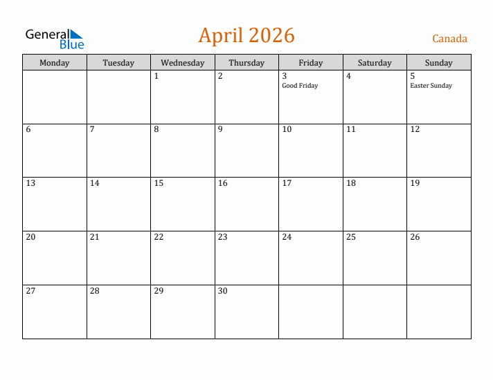 April 2026 Holiday Calendar with Monday Start