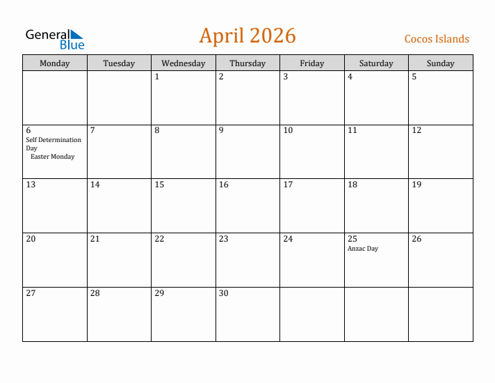 April 2026 Holiday Calendar with Monday Start