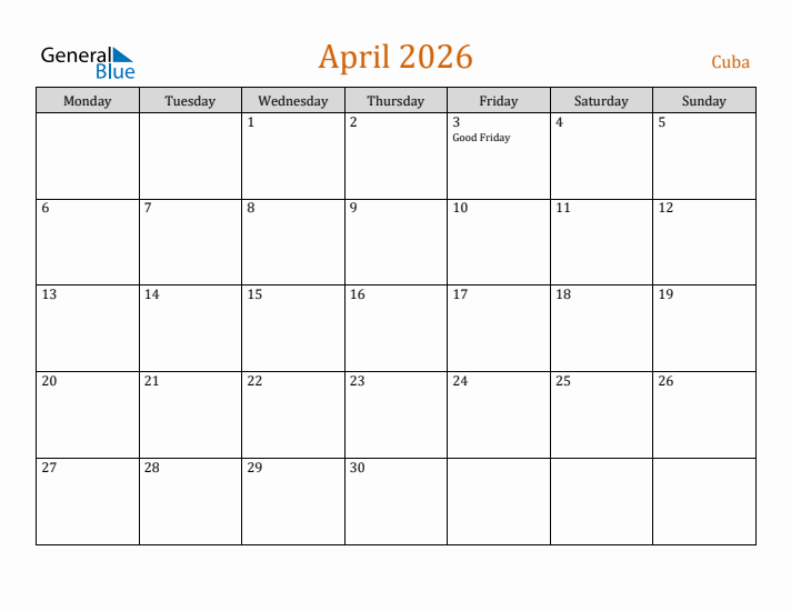 April 2026 Holiday Calendar with Monday Start