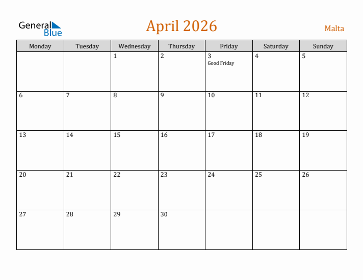 April 2026 Holiday Calendar with Monday Start