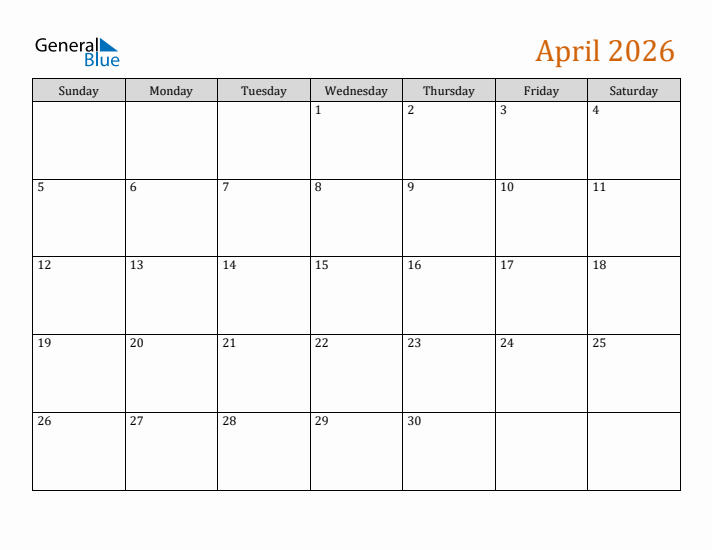 Editable April 2026 Calendar