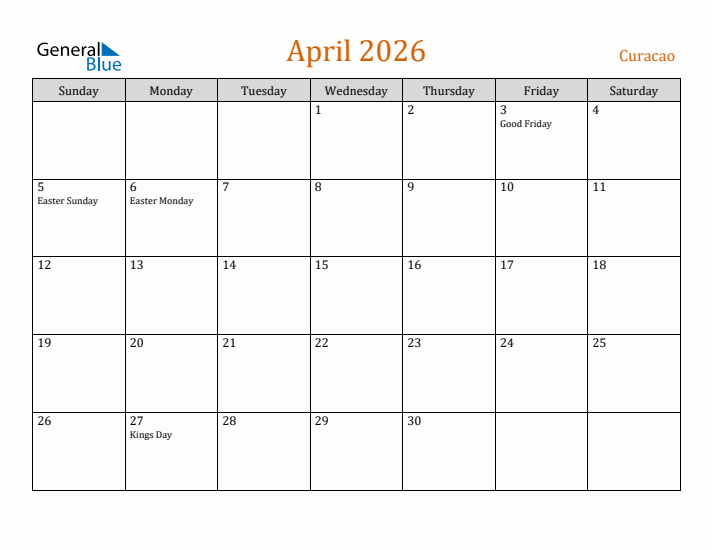 April 2026 Holiday Calendar with Sunday Start