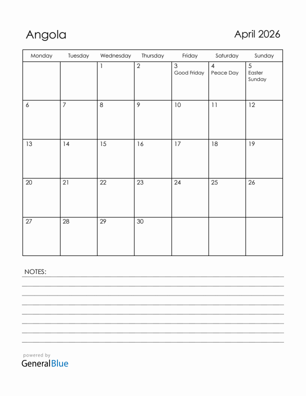 April 2026 Angola Calendar with Holidays (Monday Start)