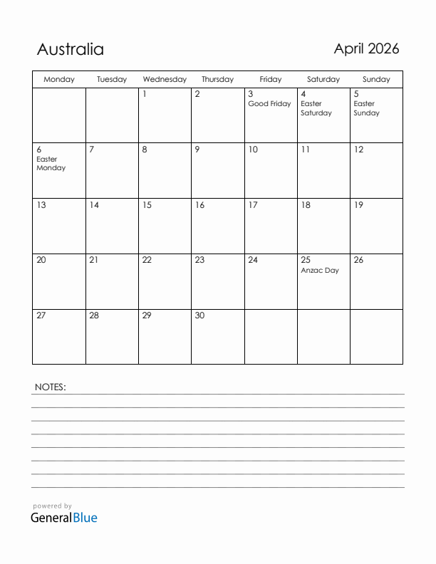April 2026 Australia Calendar with Holidays (Monday Start)