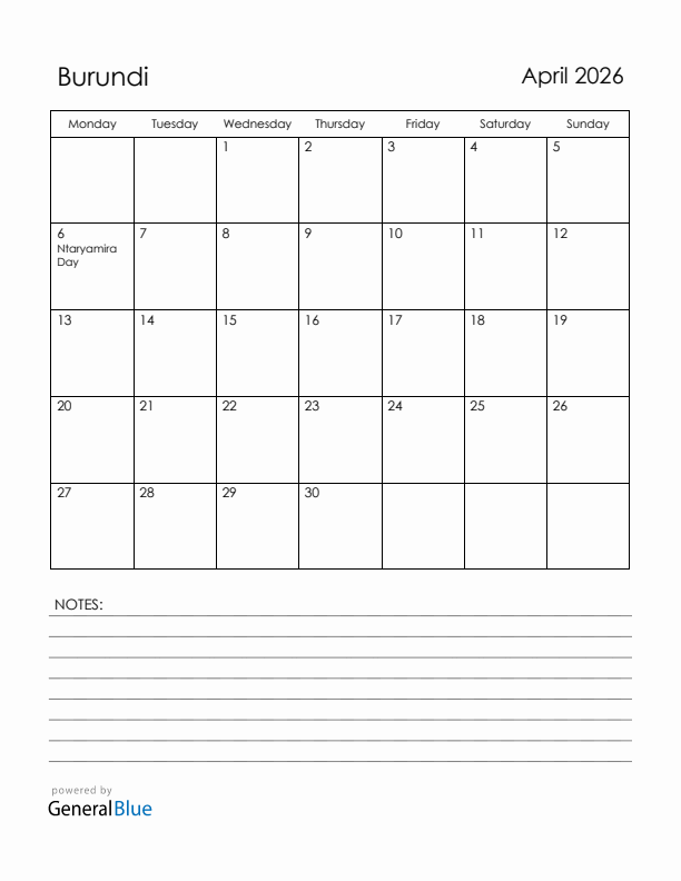 April 2026 Burundi Calendar with Holidays (Monday Start)