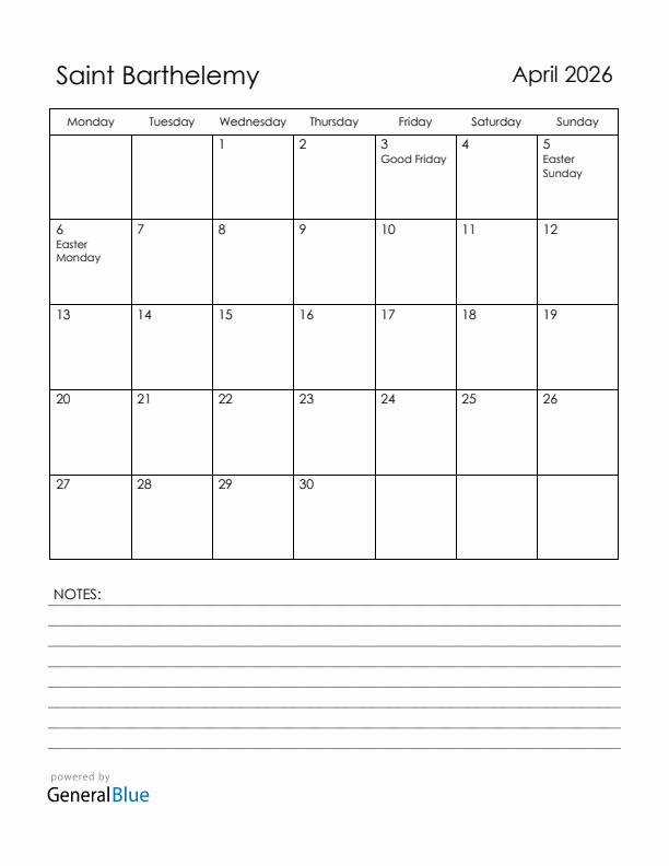 April 2026 Saint Barthelemy Calendar with Holidays (Monday Start)