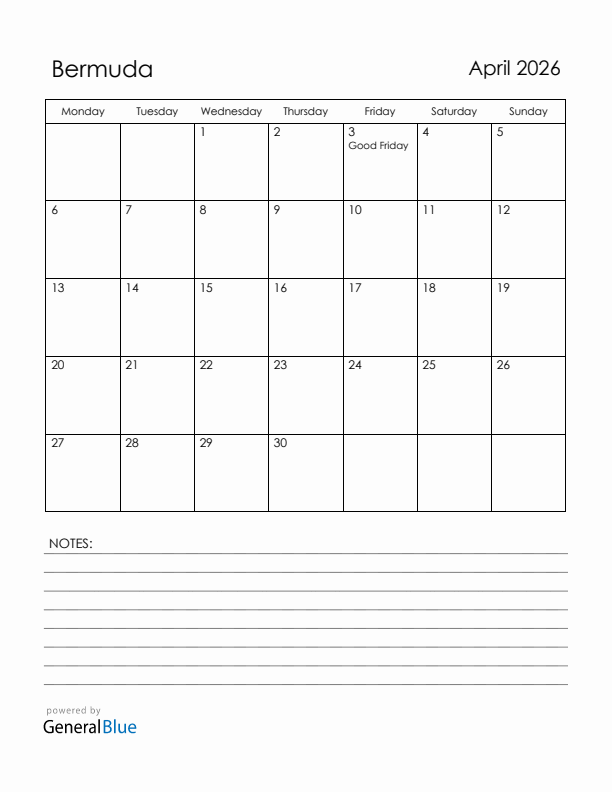 April 2026 Bermuda Calendar with Holidays (Monday Start)