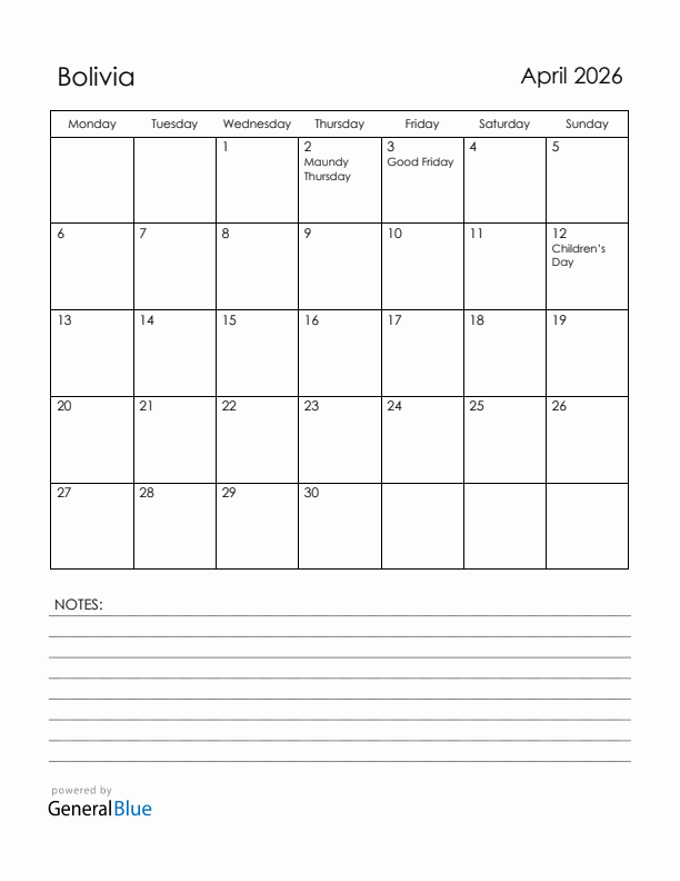 April 2026 Bolivia Calendar with Holidays (Monday Start)