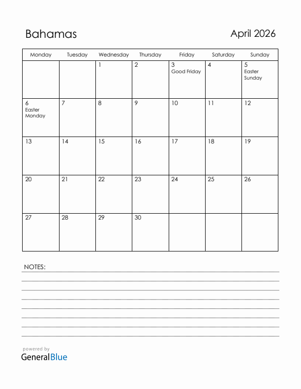 April 2026 Bahamas Calendar with Holidays (Monday Start)