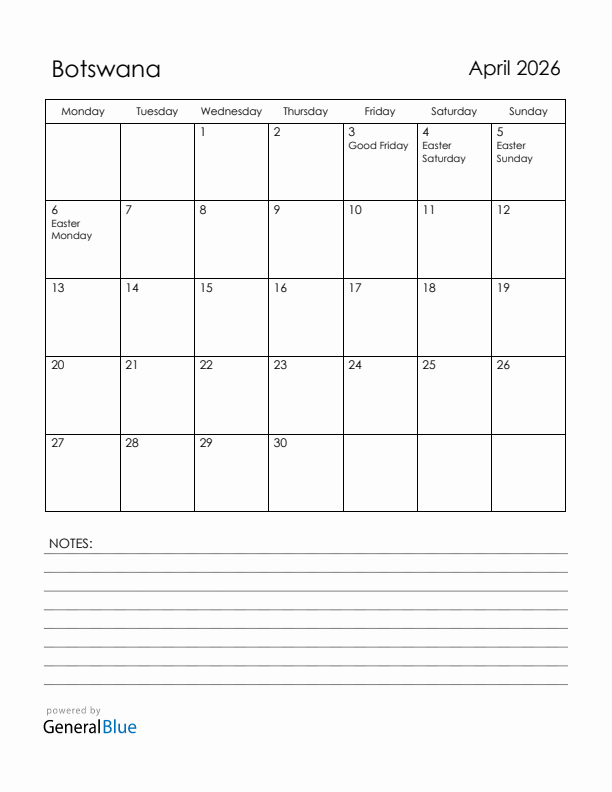 April 2026 Botswana Calendar with Holidays (Monday Start)