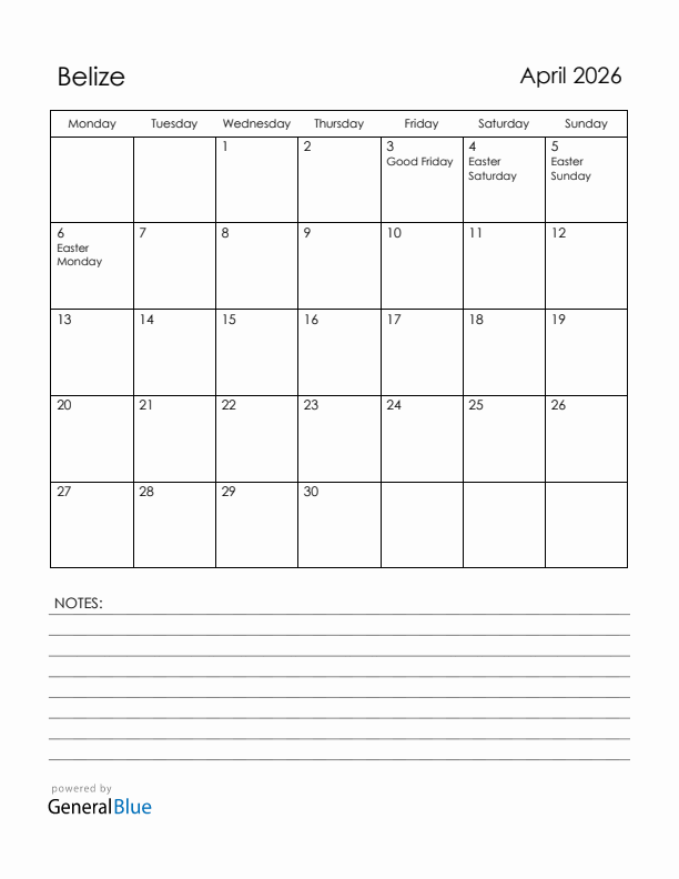 April 2026 Belize Calendar with Holidays (Monday Start)
