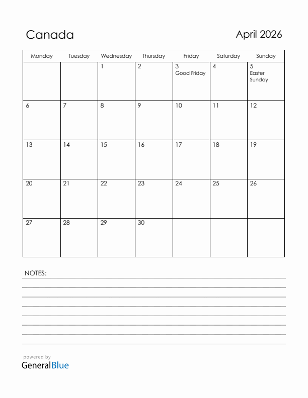 April 2026 Canada Calendar with Holidays (Monday Start)