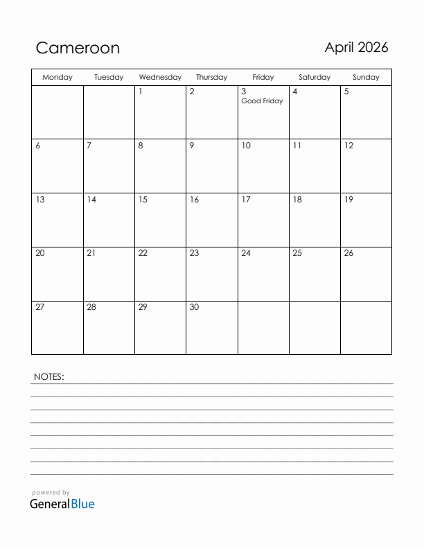 April 2026 Cameroon Calendar with Holidays (Monday Start)