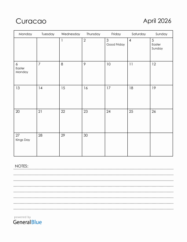 April 2026 Curacao Calendar with Holidays (Monday Start)