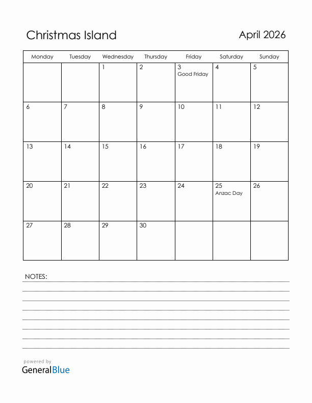 April 2026 Christmas Island Calendar with Holidays (Monday Start)