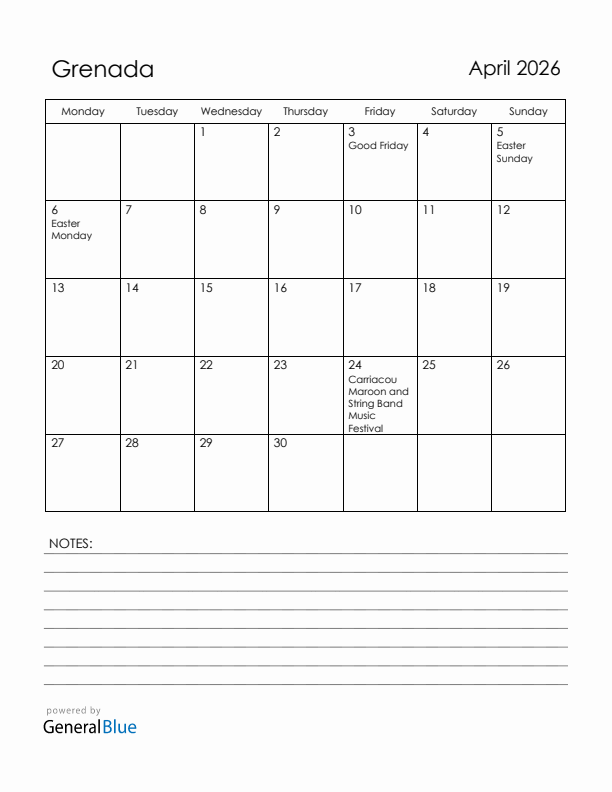 April 2026 Grenada Calendar with Holidays (Monday Start)