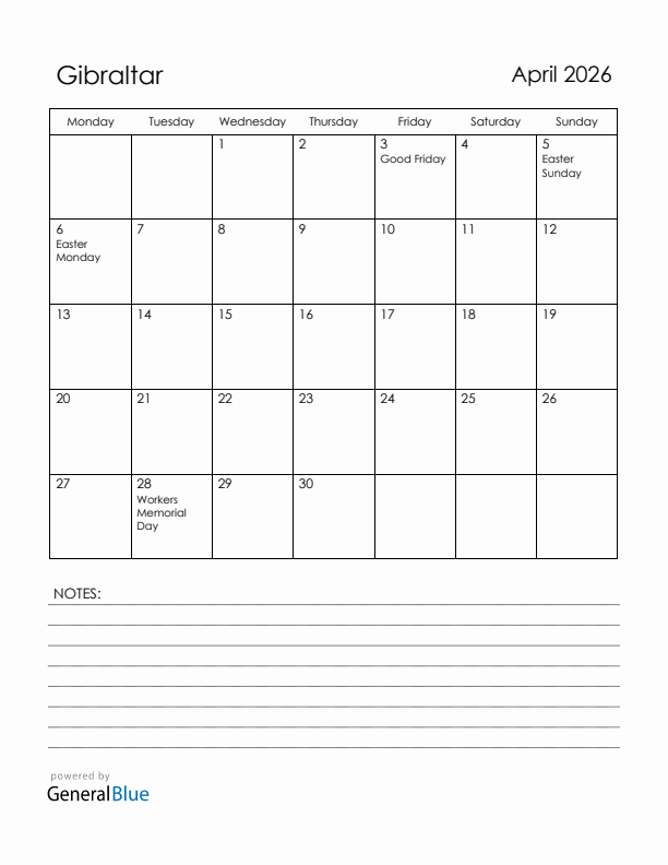 April 2026 Gibraltar Calendar with Holidays (Monday Start)