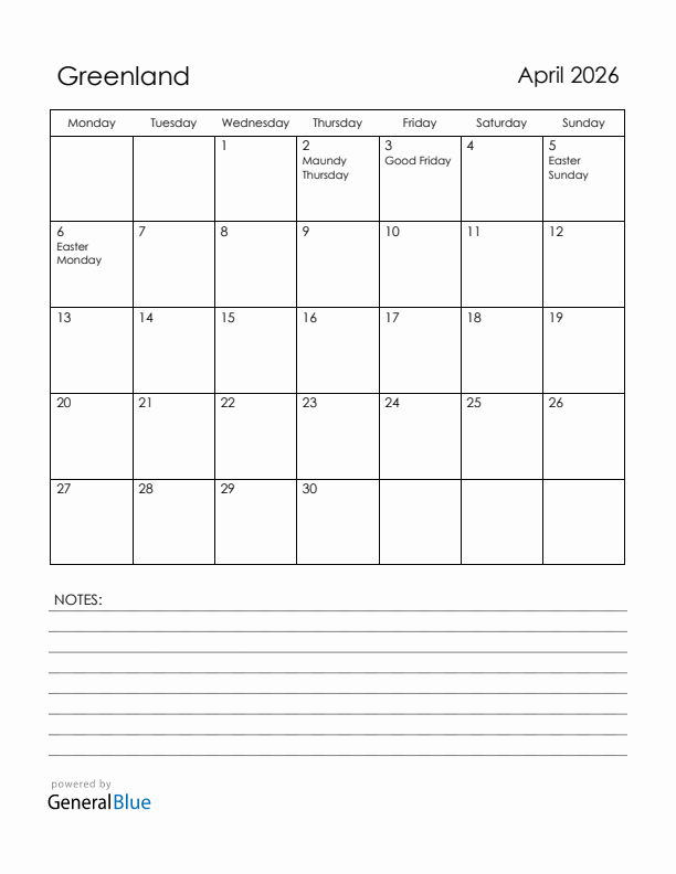 April 2026 Greenland Calendar with Holidays (Monday Start)