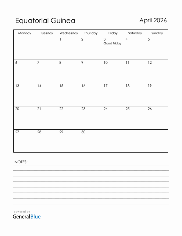 April 2026 Equatorial Guinea Calendar with Holidays (Monday Start)