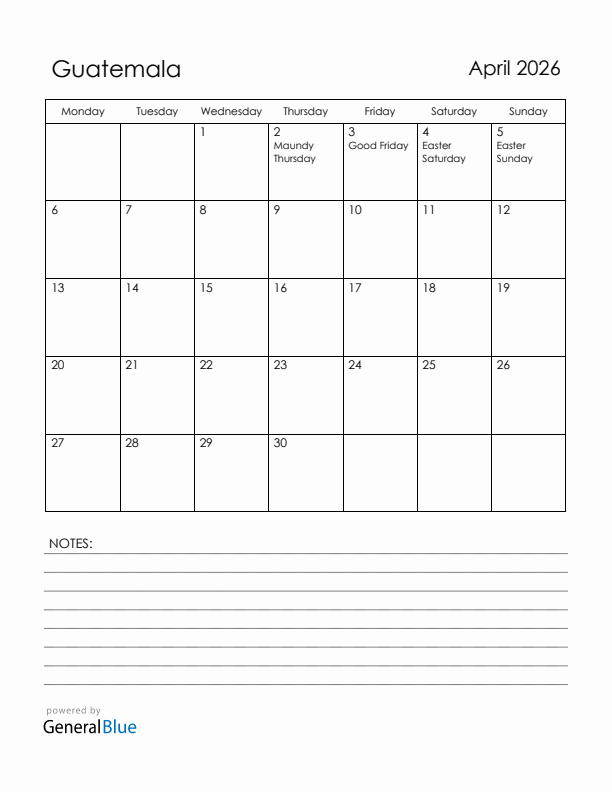 April 2026 Guatemala Calendar with Holidays (Monday Start)