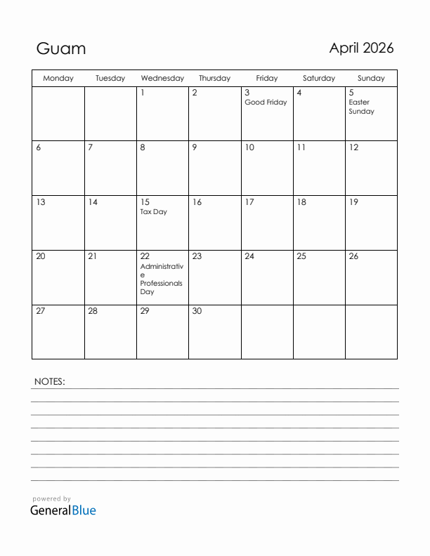 April 2026 Guam Calendar with Holidays (Monday Start)