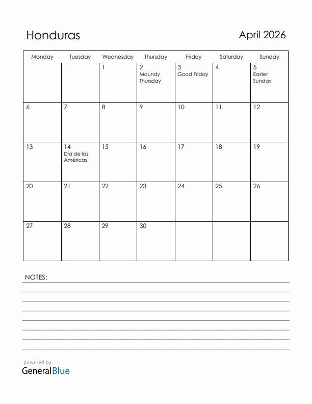 April 2026 Honduras Calendar with Holidays (Monday Start)
