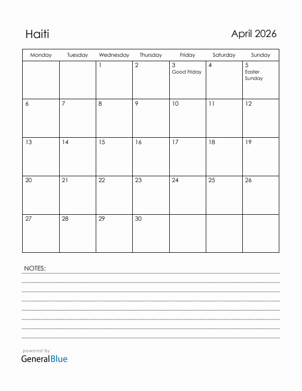April 2026 Haiti Calendar with Holidays (Monday Start)