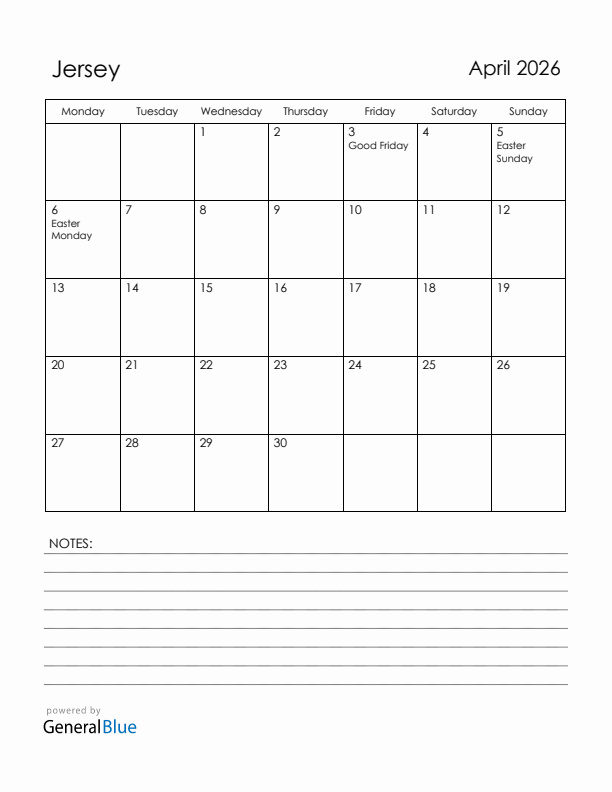 April 2026 Jersey Calendar with Holidays (Monday Start)
