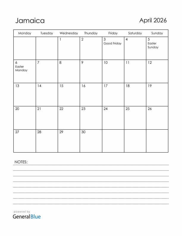 April 2026 Jamaica Calendar with Holidays (Monday Start)