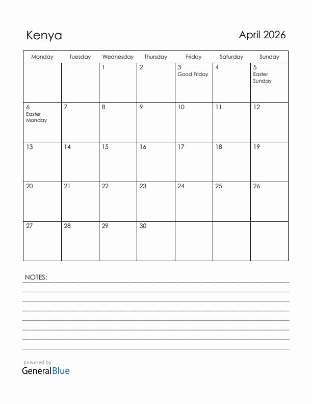 April 2026 Kenya Calendar with Holidays (Monday Start)