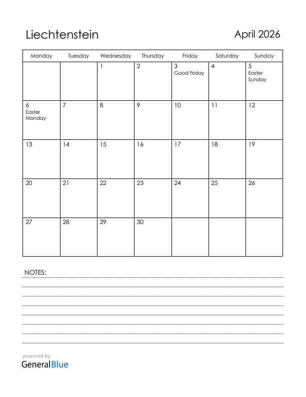 April 2026 Liechtenstein Calendar with Holidays (Monday Start)
