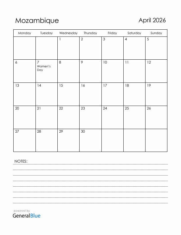 April 2026 Mozambique Calendar with Holidays (Monday Start)