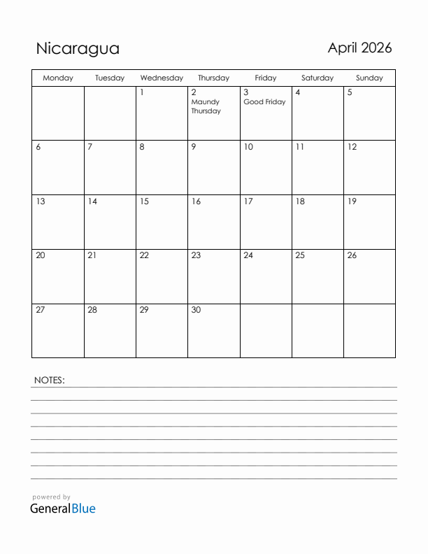 April 2026 Nicaragua Calendar with Holidays (Monday Start)