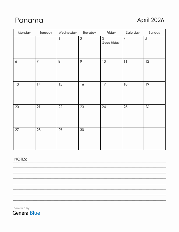 April 2026 Panama Calendar with Holidays (Monday Start)