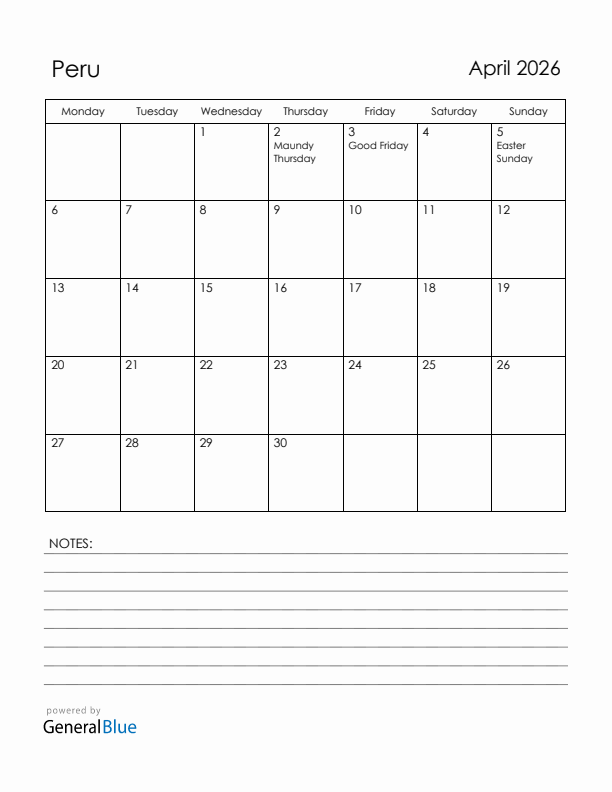 April 2026 Peru Calendar with Holidays (Monday Start)