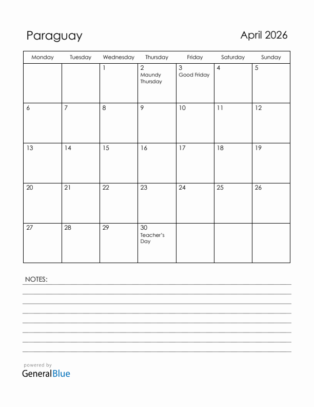 April 2026 Paraguay Calendar with Holidays (Monday Start)