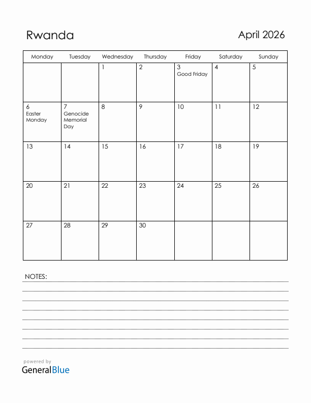 April 2026 Rwanda Calendar with Holidays (Monday Start)