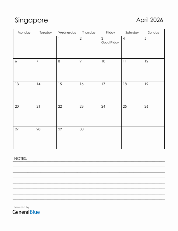 April 2026 Singapore Calendar with Holidays (Monday Start)