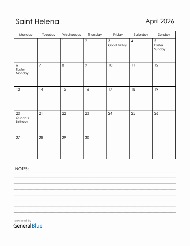 April 2026 Saint Helena Calendar with Holidays (Monday Start)
