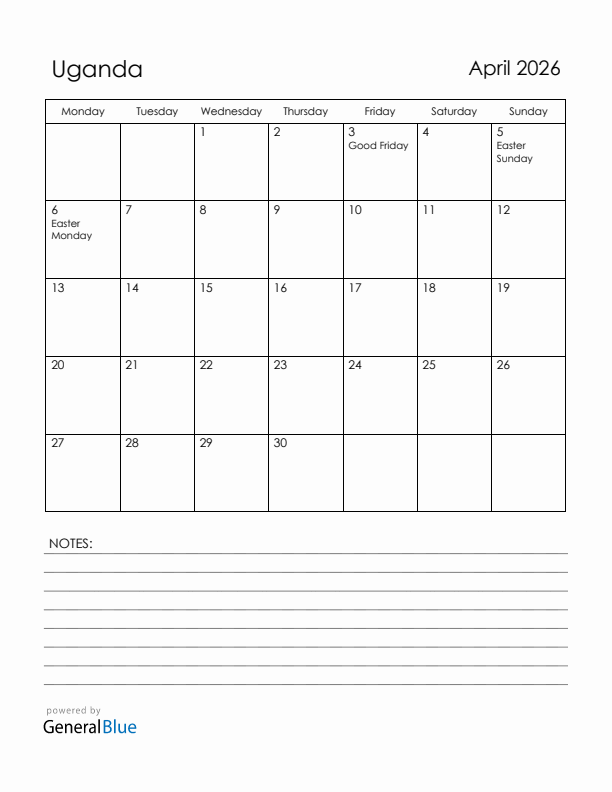 April 2026 Uganda Calendar with Holidays (Monday Start)