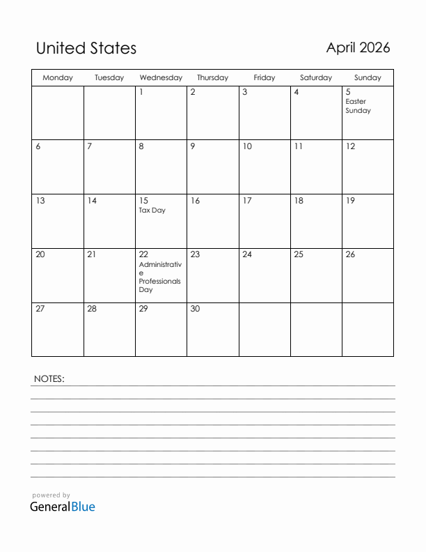 April 2026 United States Calendar with Holidays (Monday Start)
