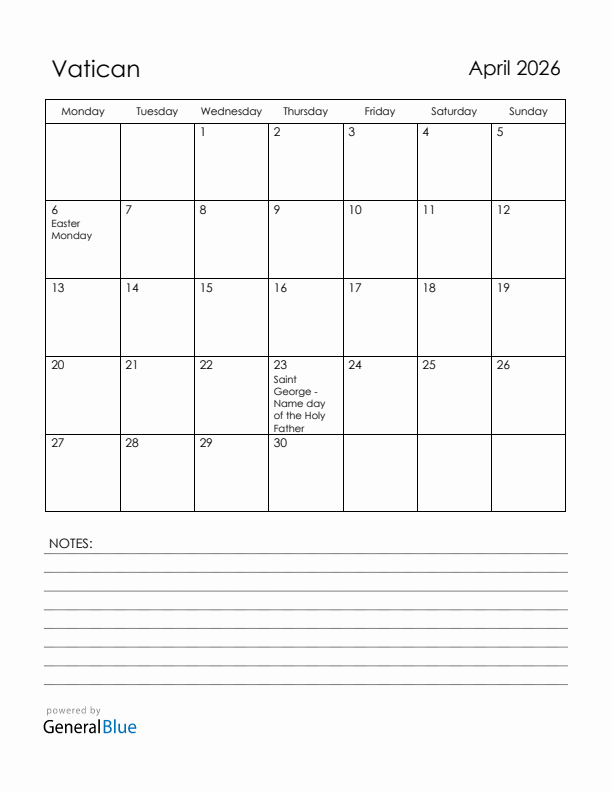 April 2026 Vatican Calendar with Holidays (Monday Start)