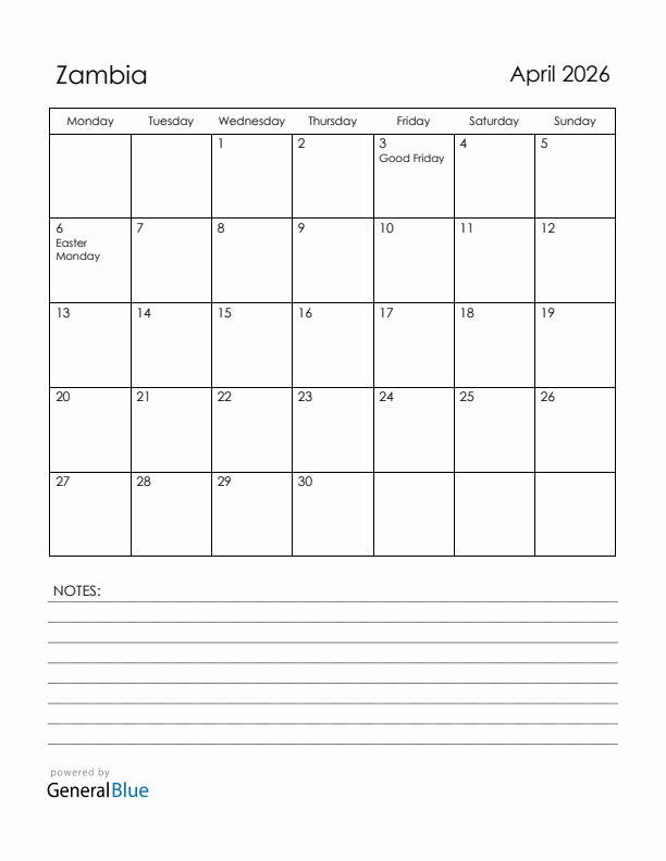 April 2026 Zambia Calendar with Holidays (Monday Start)